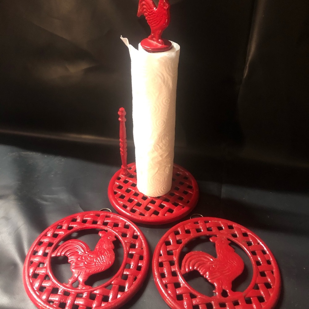 Red Metal Rooster Trivets / Paper Towel Holder